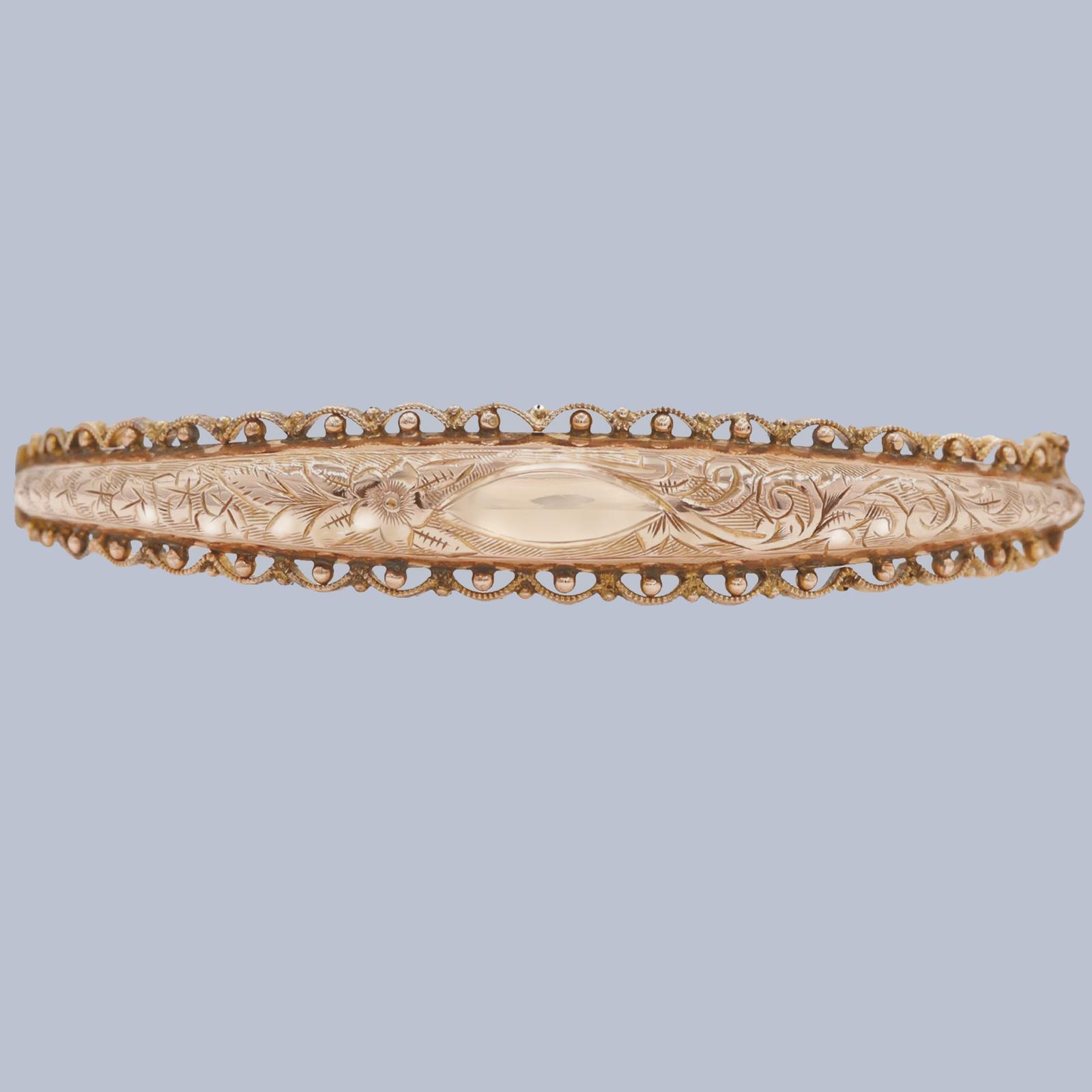 Antique 9ct Rose Gold Ornate Engraved Hinged Bangle – Edwardian Chester 1904 - 7.45 Grams (1 of 9) Antique 9ct Rose Gold Ornate Engraved Hinged Bangle – Edwardian Chester 1904 - 7.45 Grams (1 of 9)
