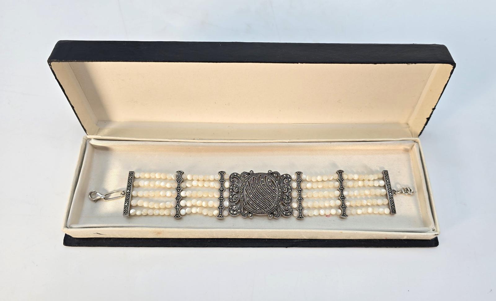 A Superb Silver, Mother of Pearl and Marcasite Bracelet (1 of 14)