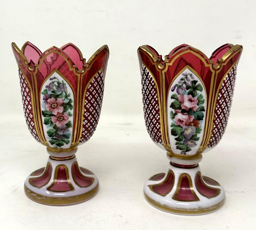 Antique Vintage Pair Moser Style Bohemian Hand Cut Crystal Ruby Cranberry Vases (1 of 9)