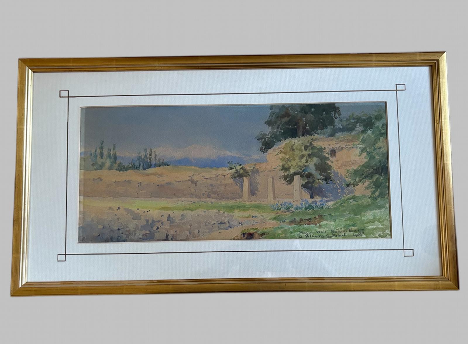 G Villiers Stuart - Watercolour of Mughul Wall, Nasim Bagh (Garden of Breezes) in Kashmir (1 of 4)