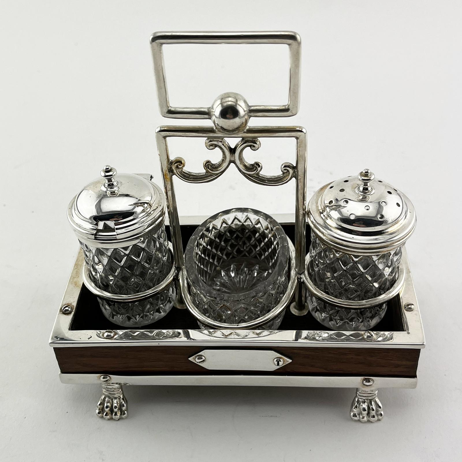 Unusual Victorian Oak & Silver Plated Three Piece Cruet Set (1 of 5)