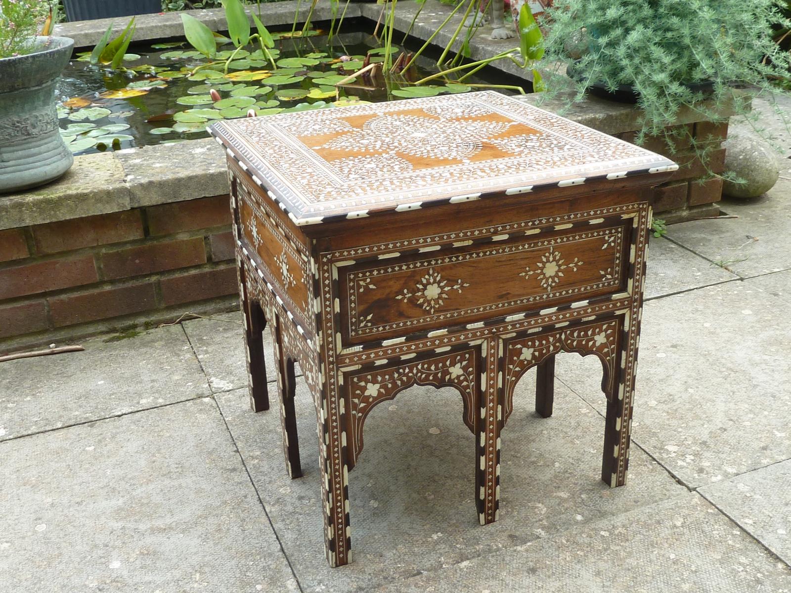 Anglo Indian Sandalwood Bone Inlaid Square Hoshiarpur Table Moorish Antique (1 of 8)