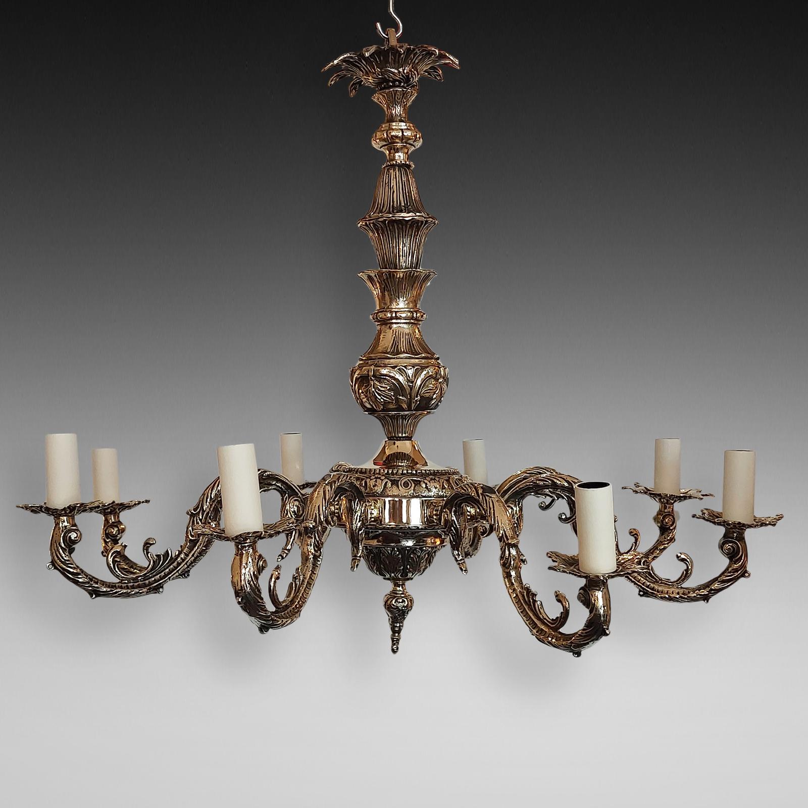 1920's Eight Branch Brass Chandelier with Cast Acanthus Leaf Mounts (1 of 16)