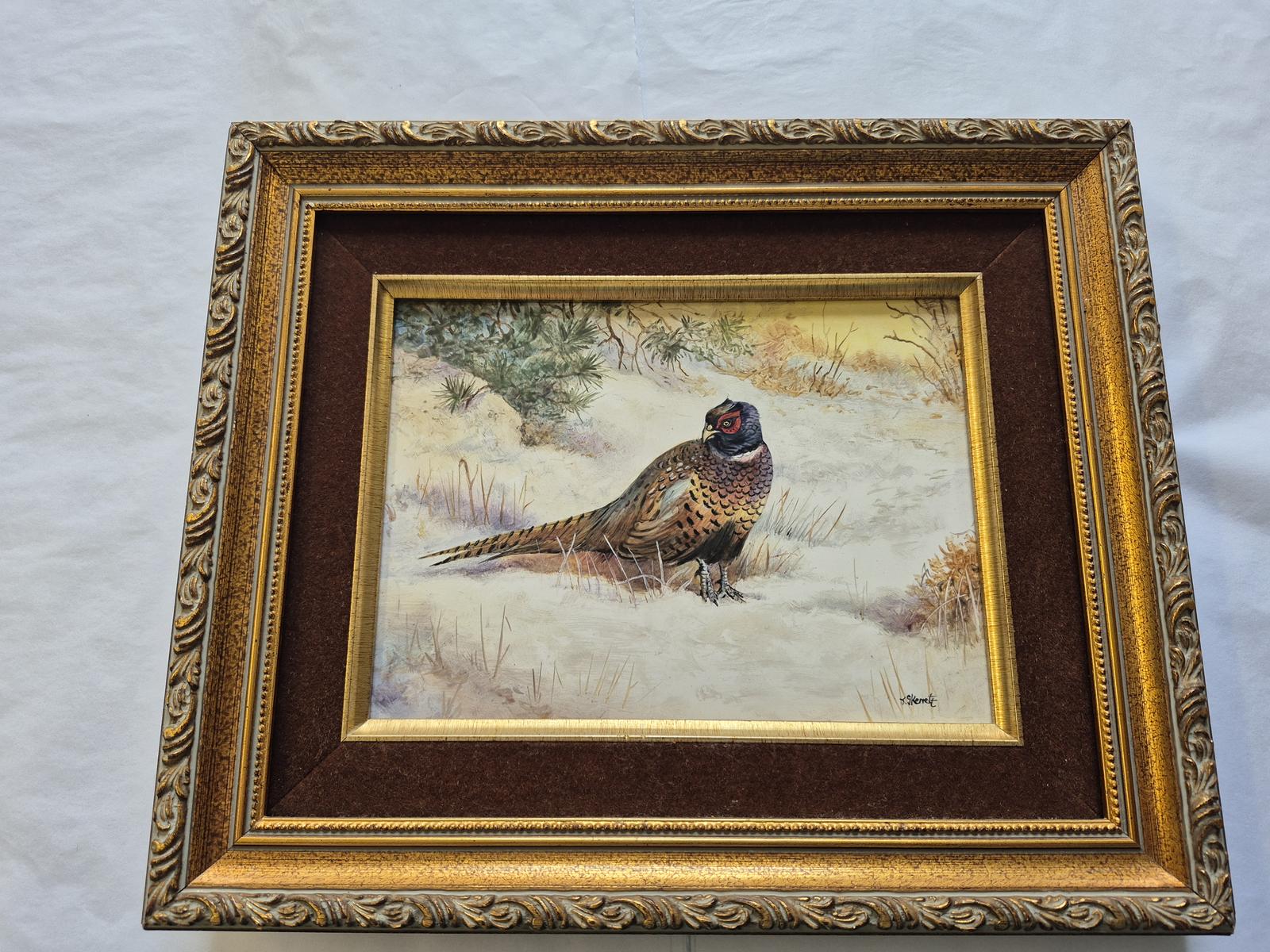 Signed Hand Painted Framed Porcelain Plaque of Pheasant (1 of 9)