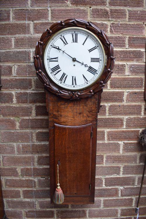 Tavern Drop Dial Fusee Timepiece Clock 19th Century Oak & Mahogany (1 of 15)