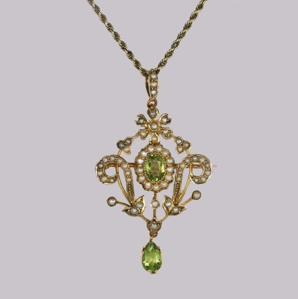 Victorian Belle Epoch Peridot & Pearl Pendant Antique Brooch with 15ct Gold Chain (1 of 10) Victorian Belle Epoch Peridot & Pearl Pendant Antique Brooch with 15ct Gold Chain (1 of 10)