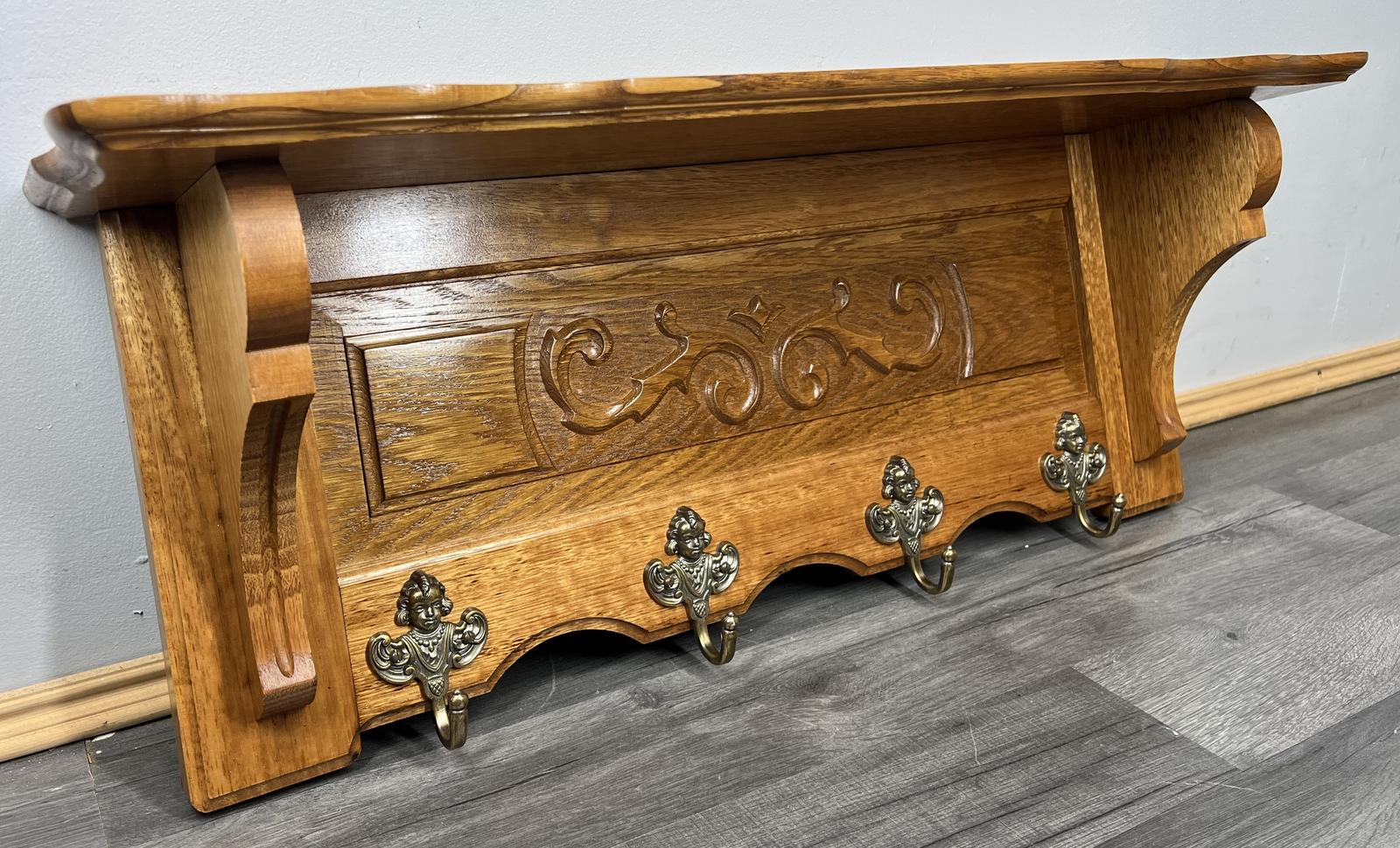 French Vintage Coat Rack Oak 4 Hooks Wall Shelf Carved Coat Hanger (1 of 11)