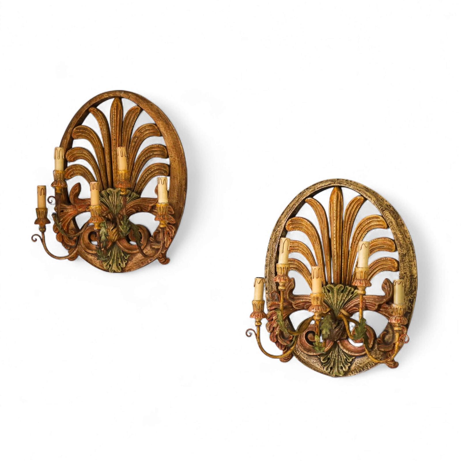 Pair of Antique French Appliqué Wall Lights - Palm Motif & Gilt Elegance (1 of 9) Pair of Antique French Appliqué Wall Lights - Palm Motif & Gilt Elegance (1 of 9)