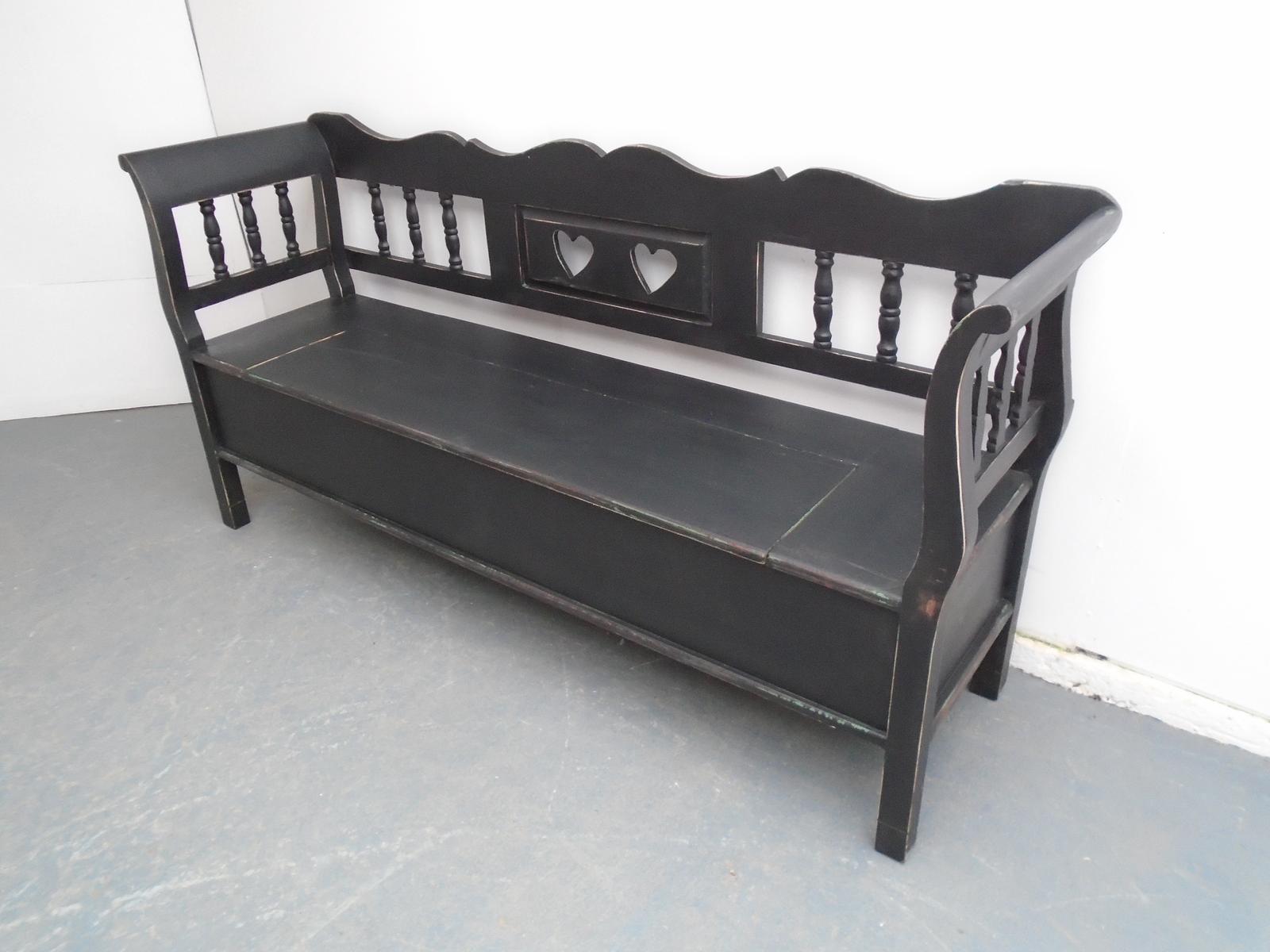 Black Heart Motif Antique Pine 3 Seater Box Settle / Bench (1 of 8)