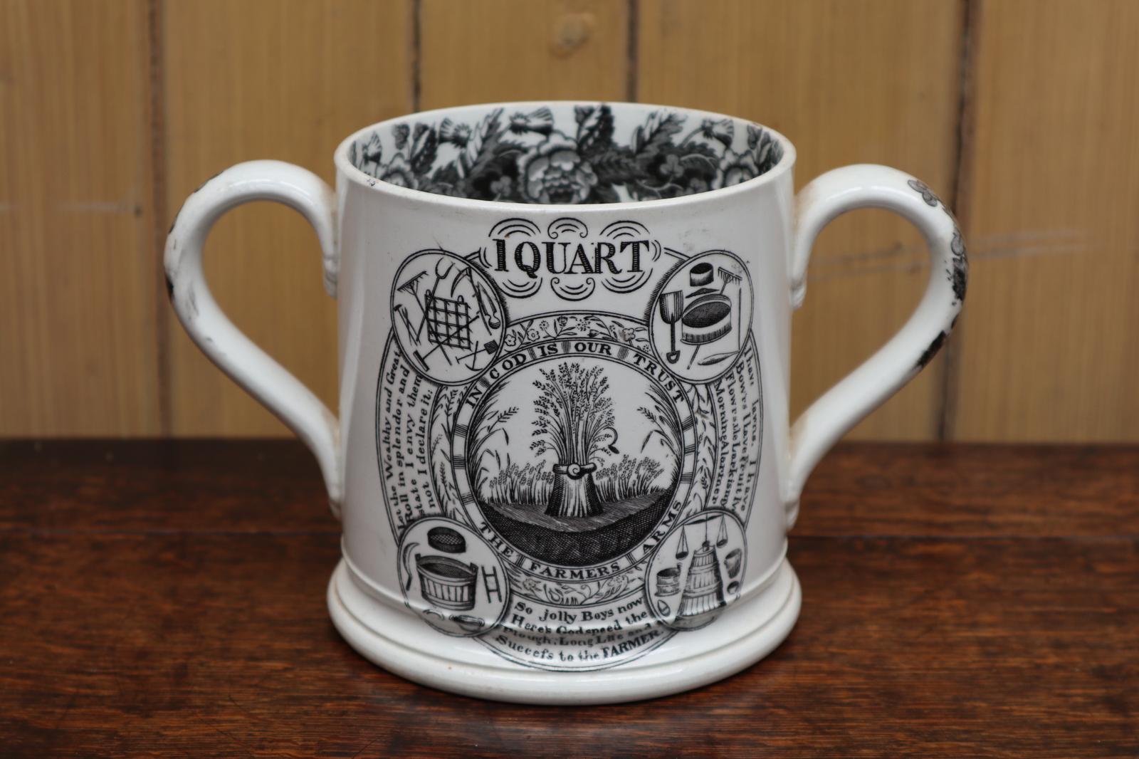 19th Century Staffordshire 1 Quart Twin-handled Folk Motto Cider Mug 'The Farmers Arms' (1 of 33)