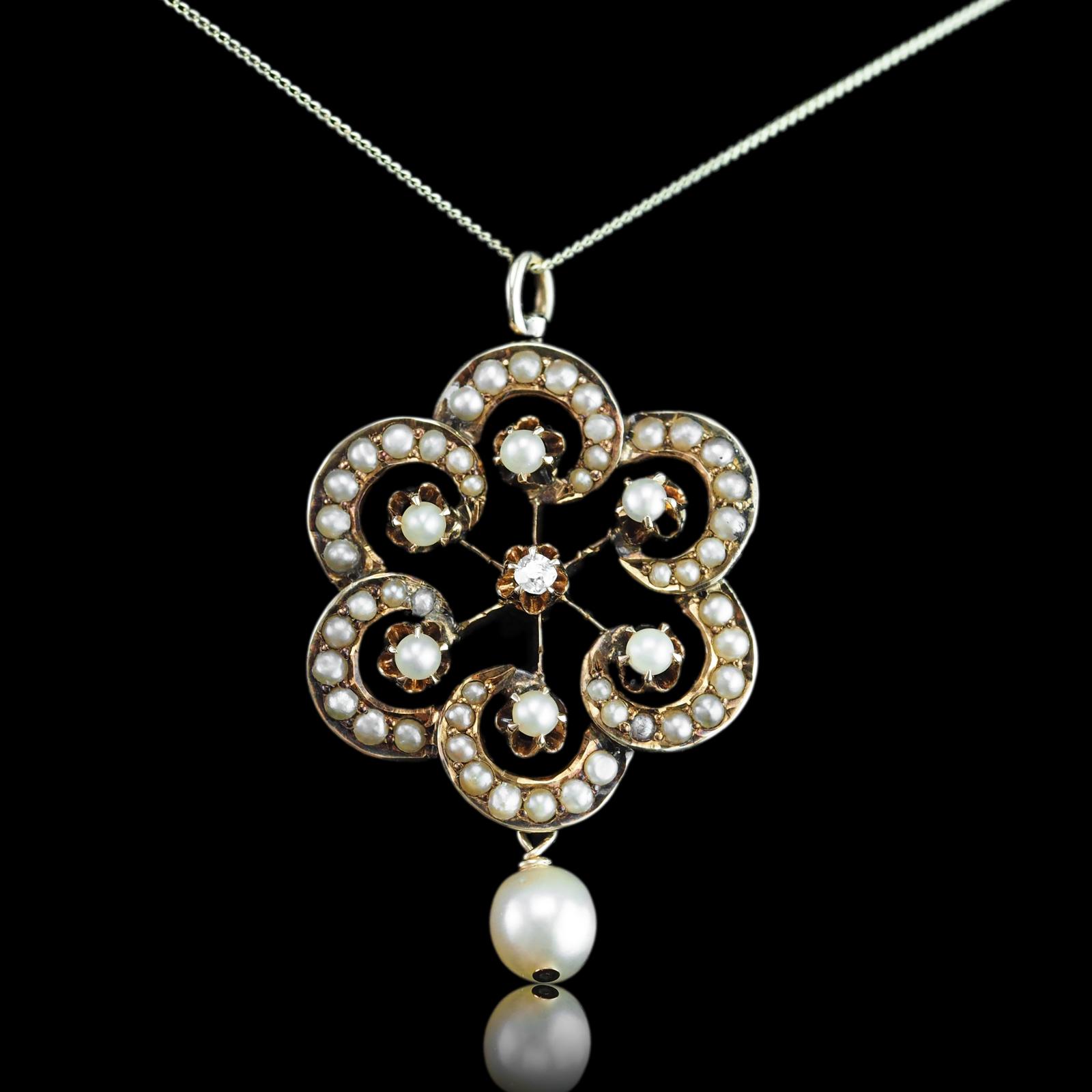 Antique Victorian Diamond & Pearl Pendant Necklace 14ct Gold c.1900 (1 of 18)