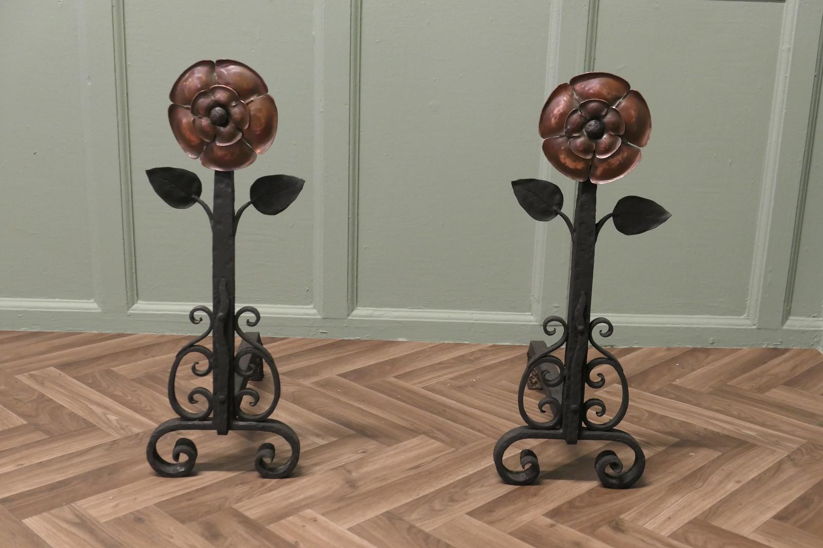 Pair of Large Arts & Crafts Copper + Iron Andirons or Fire Dogs (1 of 5)