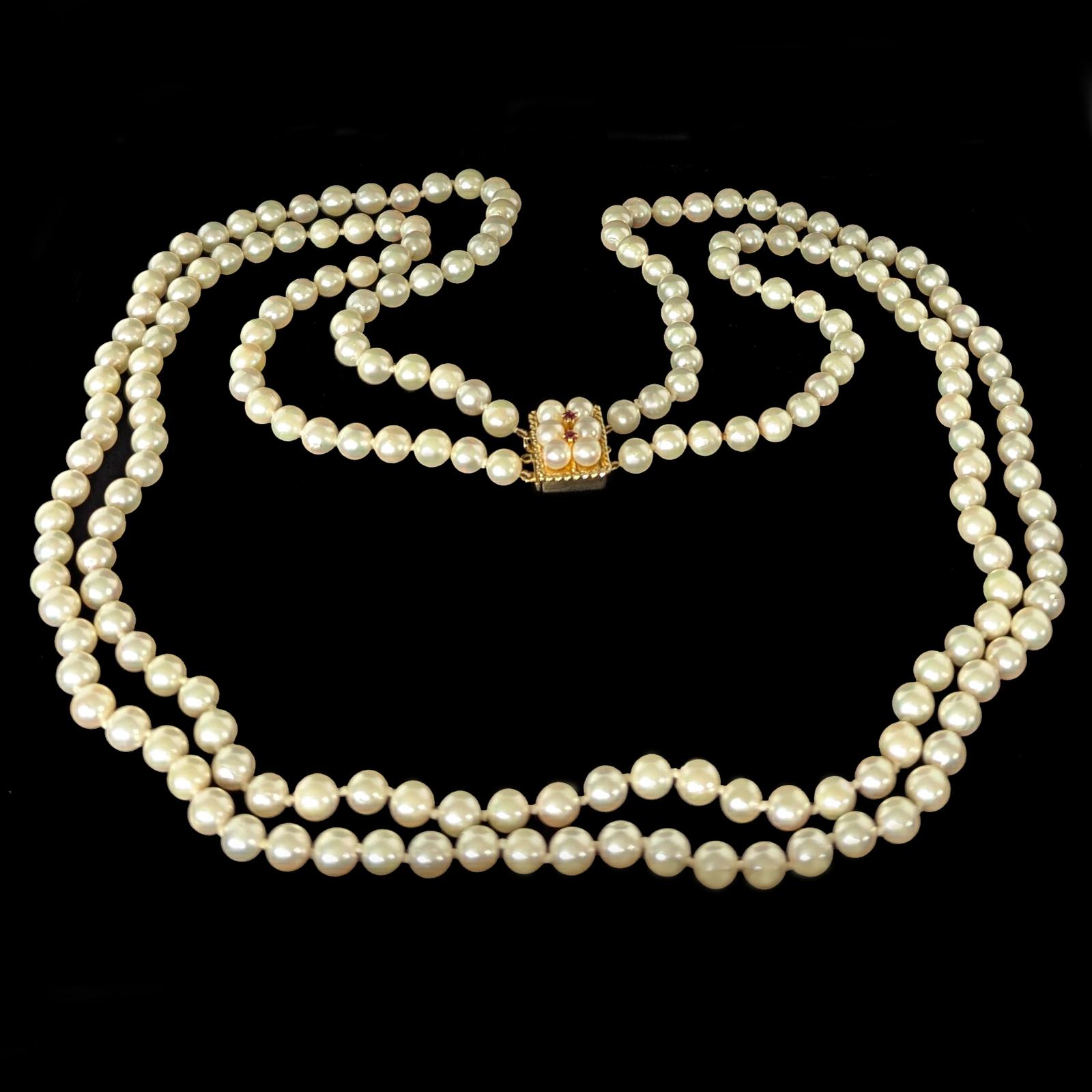 Vintage Double Strand Cultured Pearl Necklace with Ruby and Pearl Clasp in Hallmarked 9ct Gold, London 1983 (1 of 10) Vintage Double Strand Cultured Pearl Necklace with Ruby and Pearl Clasp in Hallmarked 9ct Gold, London 1983 (1 of 10)