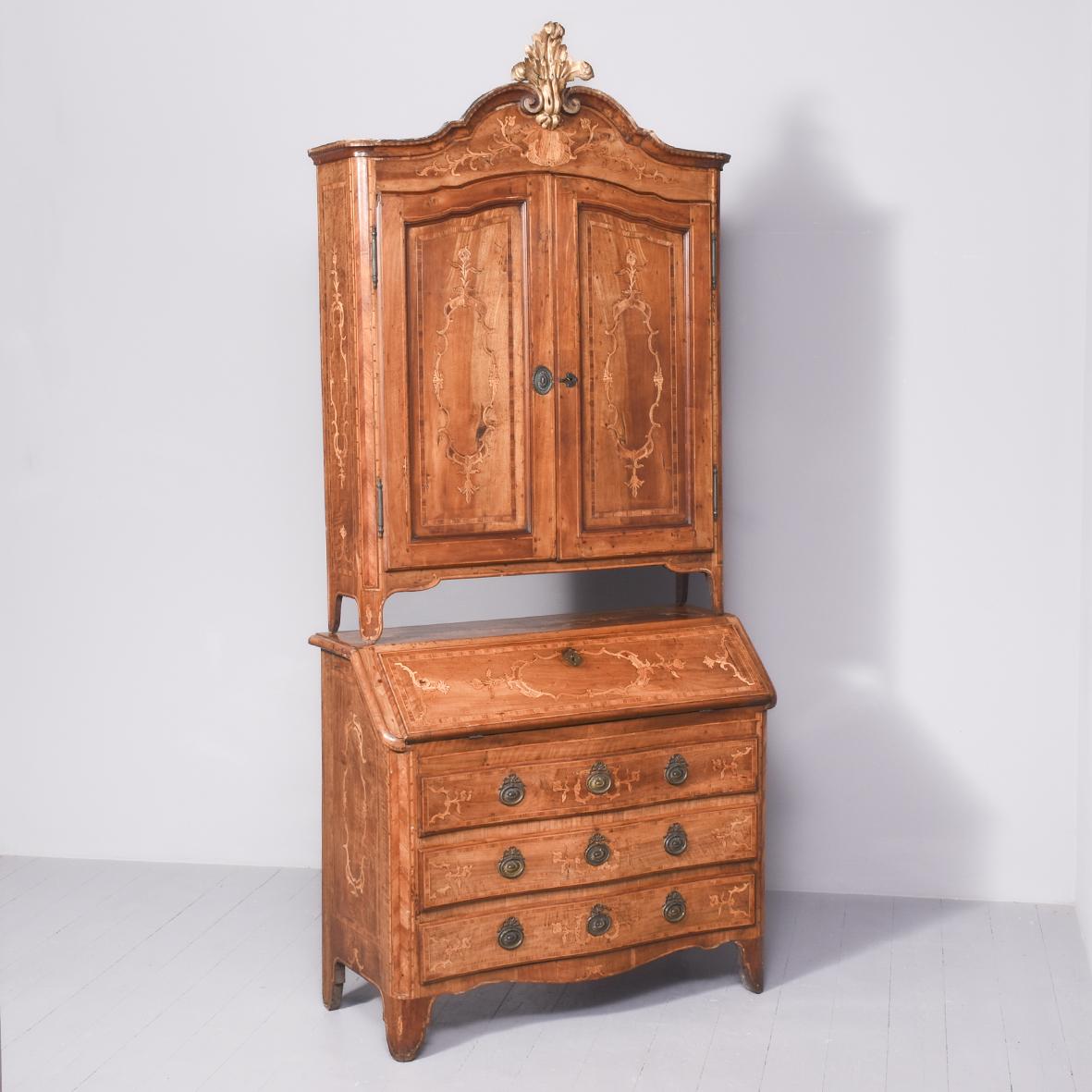 Rare Marquetry- Inlaid 18th Century Italian Walnut Bureau Cabinet (1 of 19)