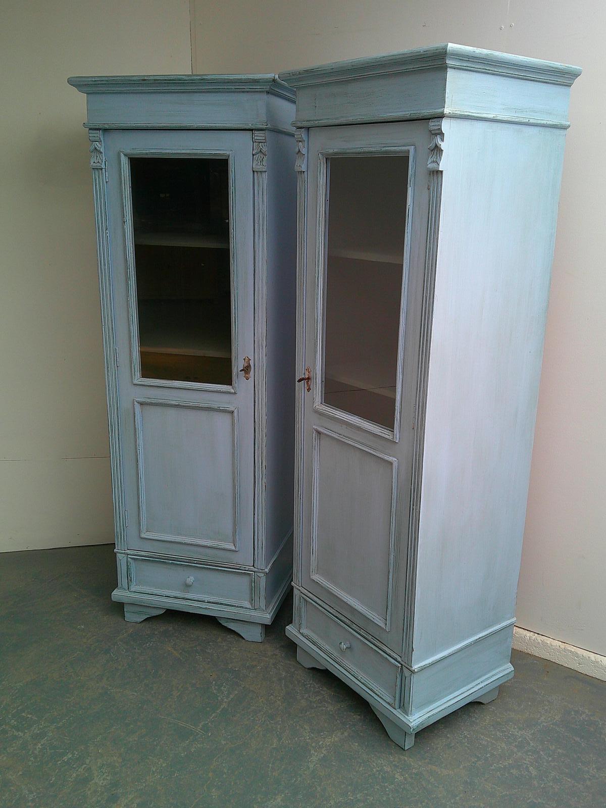 Cracking Pair of Sky Blue Antique Pine Kitchen Display Cabinets (1 of 11)