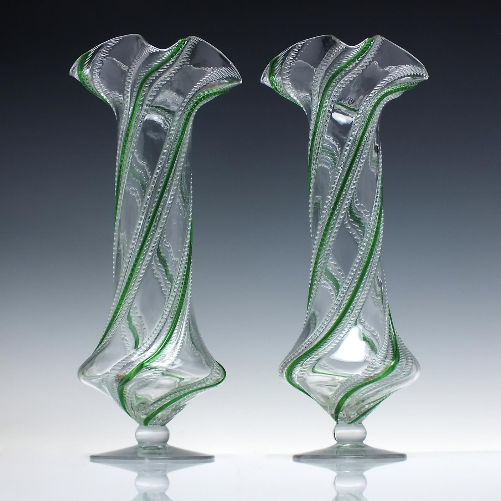 Pair of Tall Stevens & Williams Art Nouveau Green Trailed Glass Vases c.1895 (1 of 3)