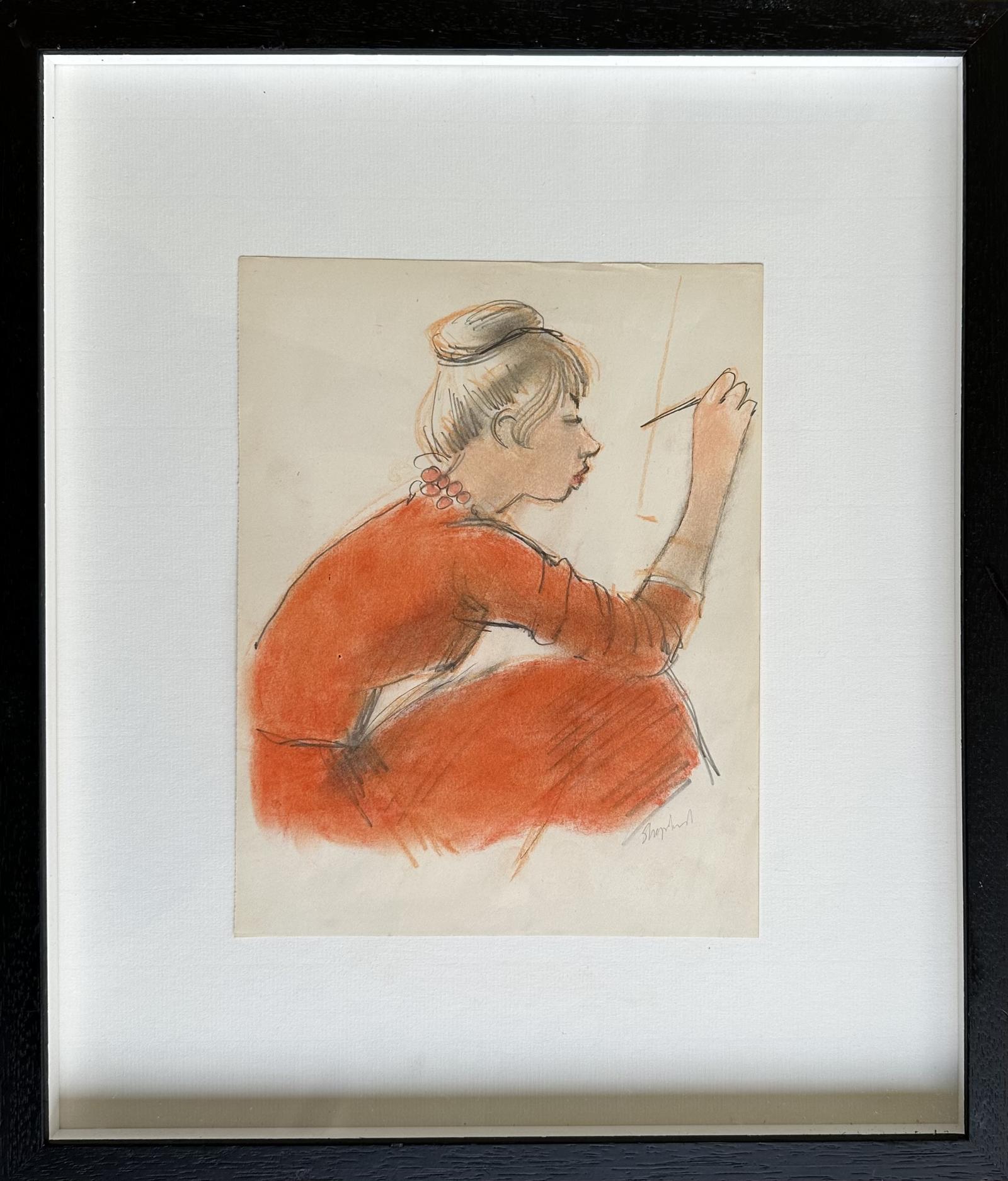 Original Pastel Drawing 'the Artist at Work' by Toby Horne Shepherd 1909-1993. Signed. C.1995 (1 of 2)