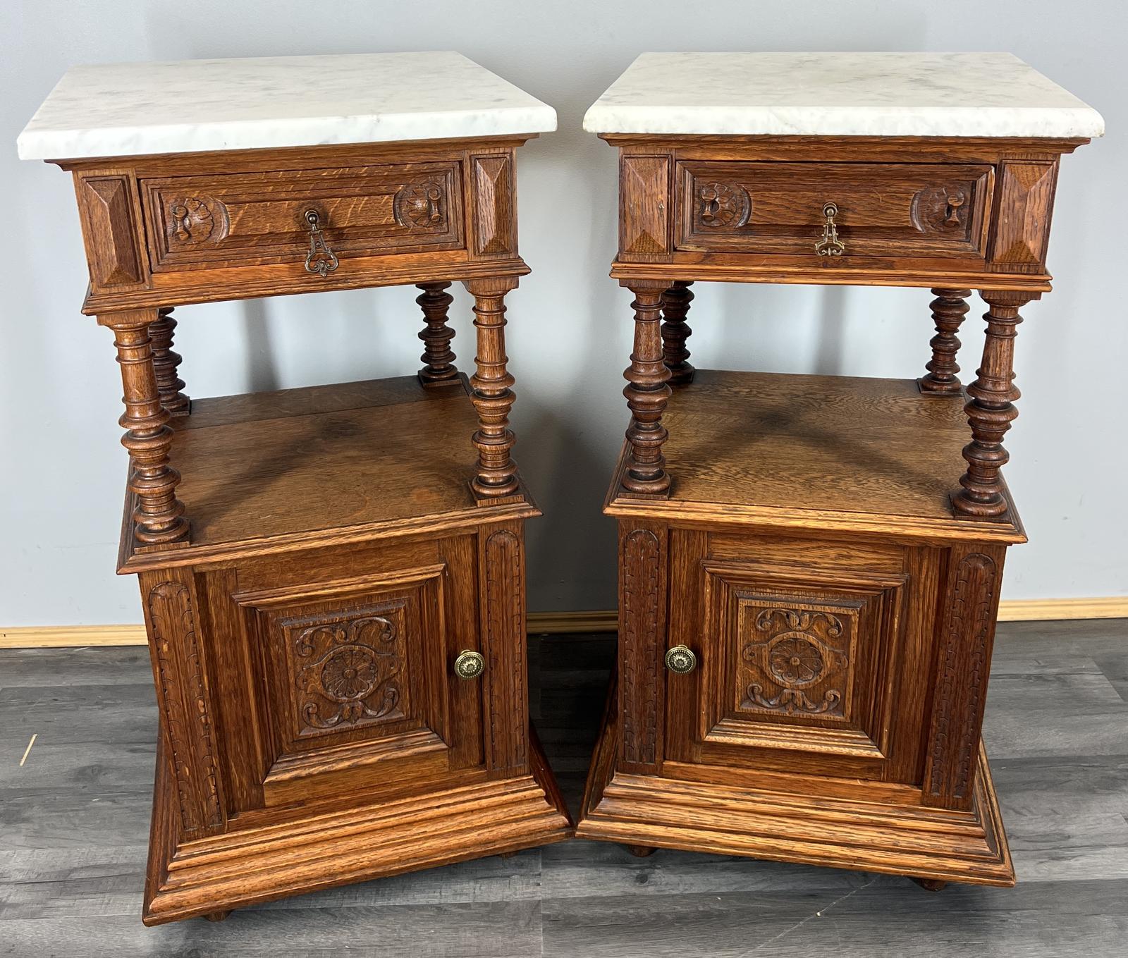 Pair of Bedside Tables Antique French Marble Top Oak Cabinets Carved (1 of 10)