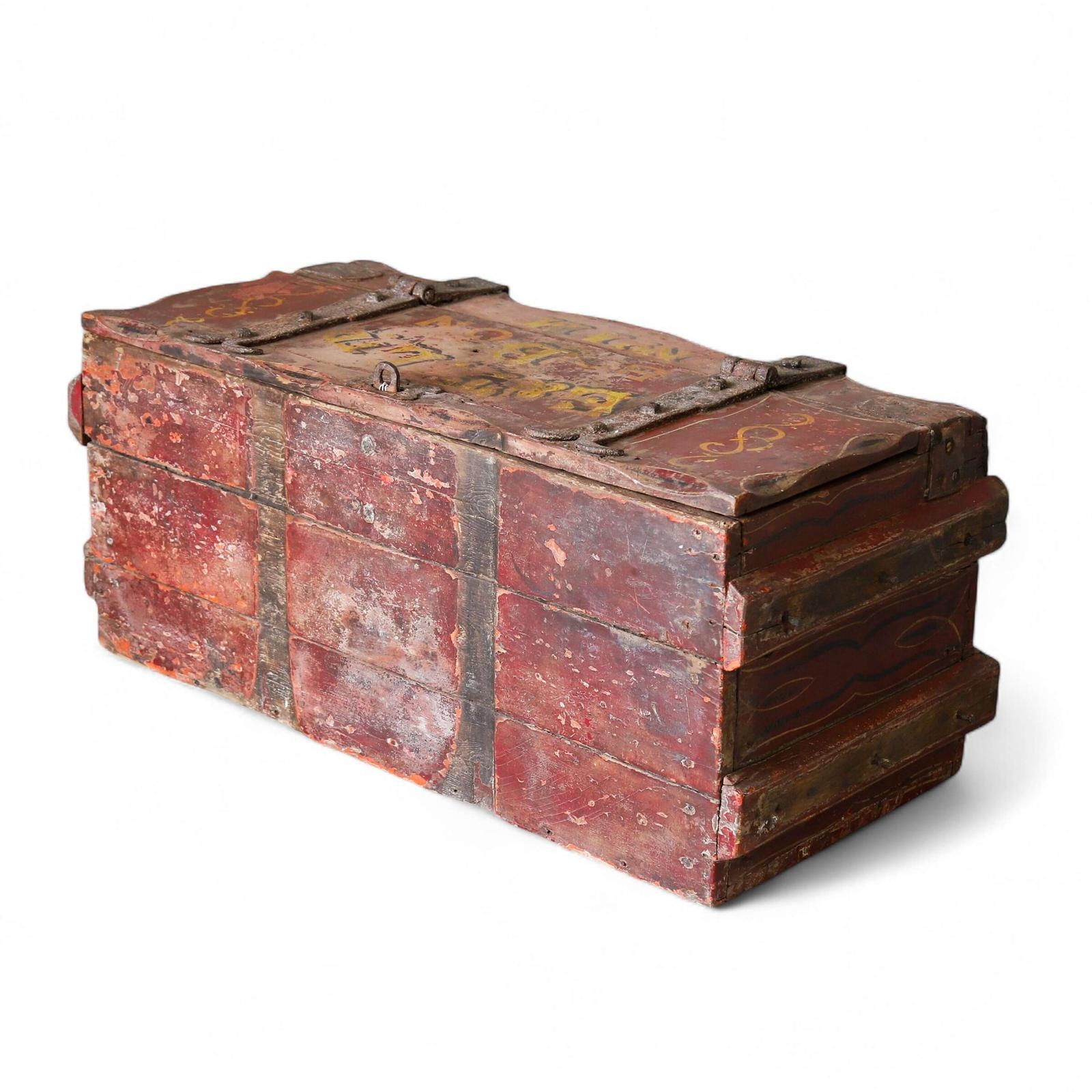 Rare 19th Century Georgian Red Painted Carriage Chest with Gilt Lettering & Iron Hinges (1 of 11)