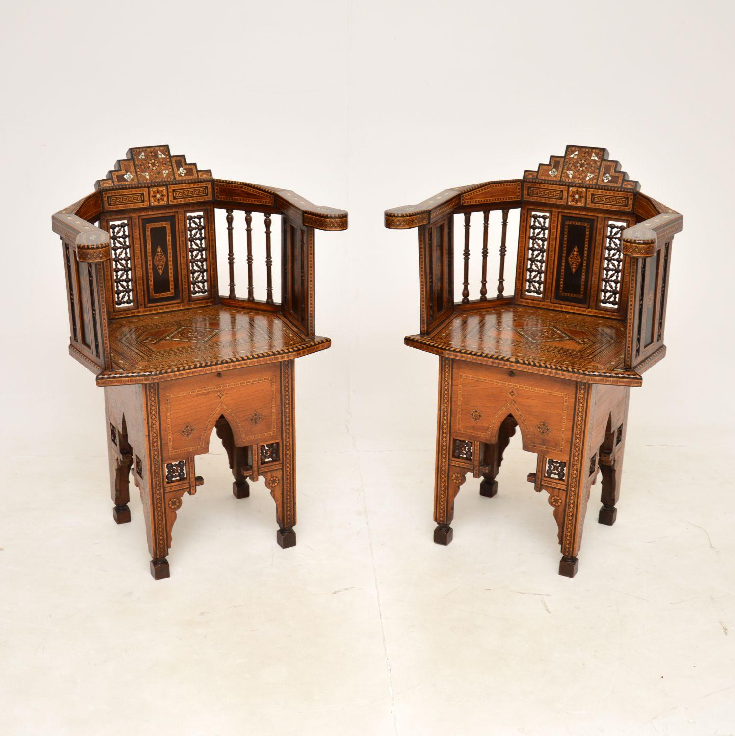 Pair of Antique Inlaid Syrian Damascus Armchairs (1 of 18) Pair of Antique Inlaid Syrian Damascus Armchairs (1 of 18)