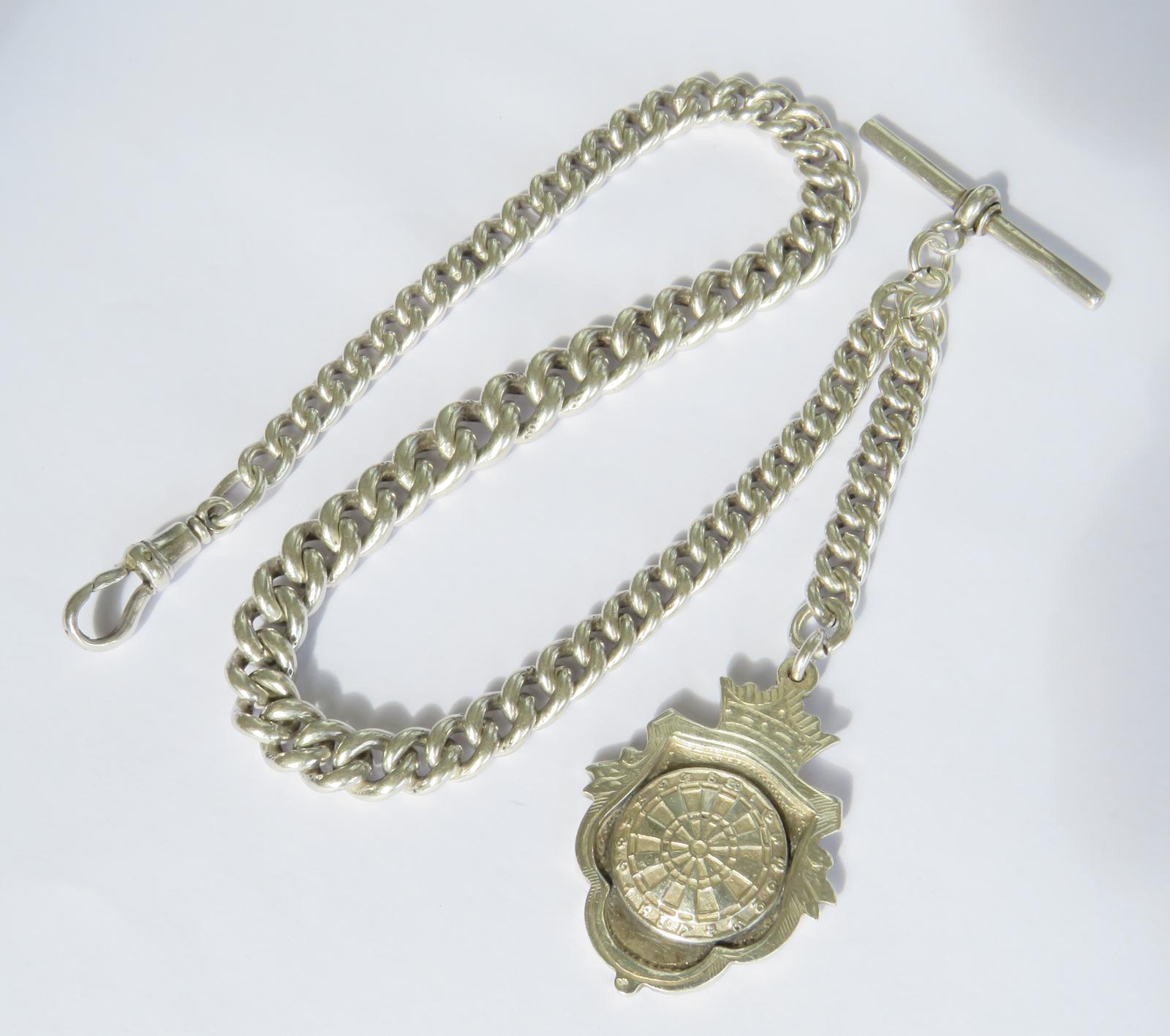 Antique Silver Pocket Watch Chain & Darts Fob (1 of 4)