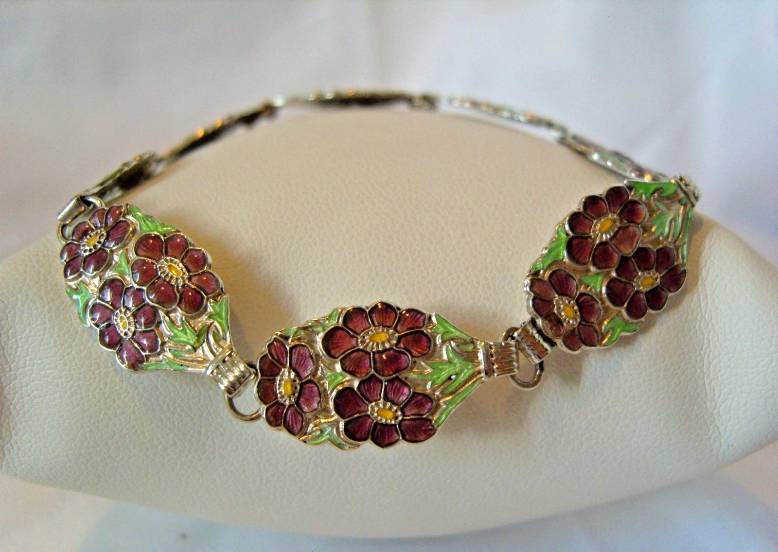 Bracelet Silver 1920s Antique Enamel Pansy Flowers 8" Length (1 of 13) Bracelet Silver 1920s Antique Enamel Pansy Flowers 8" Length (1 of 13)