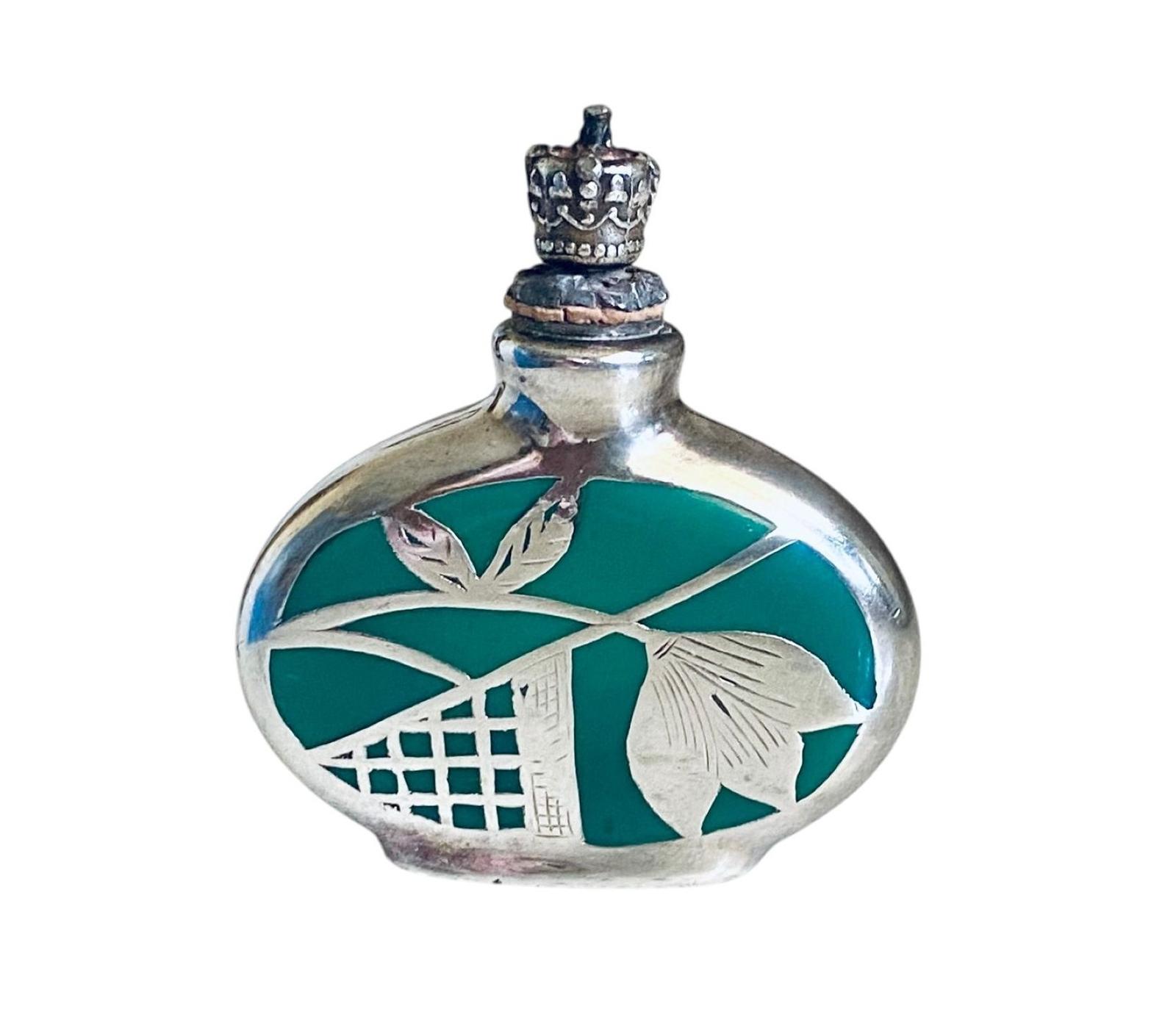 Art Deco German Crown Top Perfume Scent Bottle Enamel & Silver Overlay (1 of 9) Art Deco German Crown Top Perfume Scent Bottle Enamel & Silver Overlay (1 of 9)