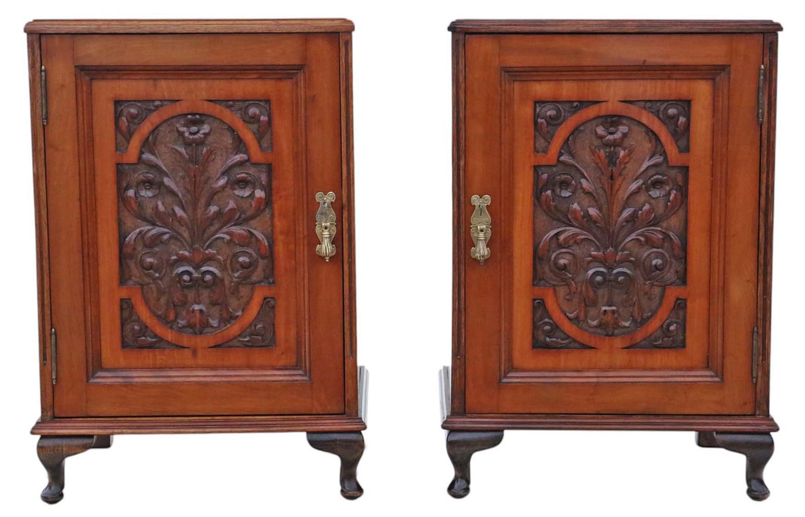 Pair of Antique Carved Walnut Bedside Tables – Quality Vintage Cupboards Drawers (1 of 9)
