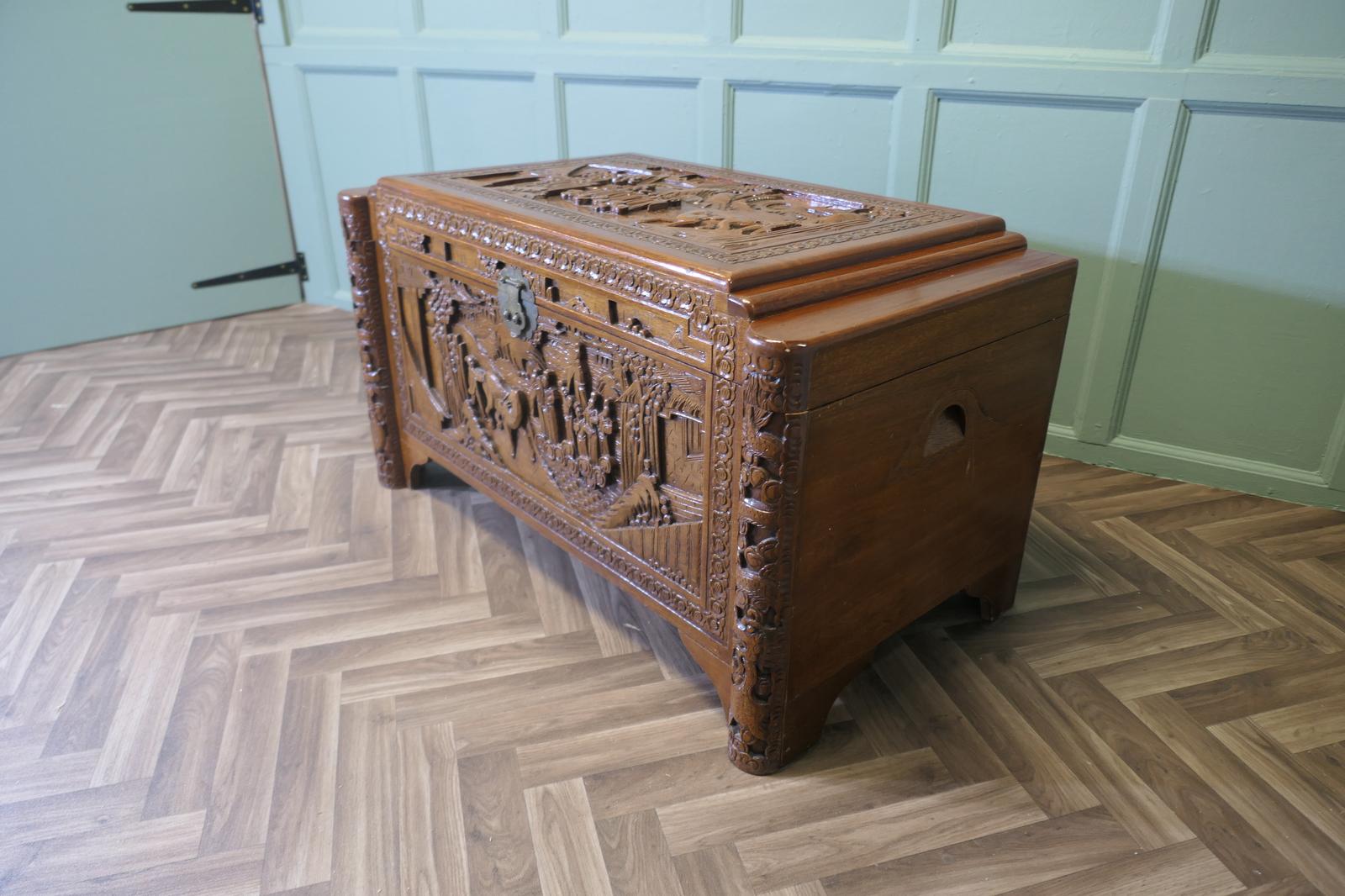 Art Deco Oriental Carved Blonde Camphor Wood Chest (1 of 8)