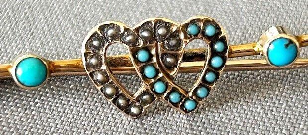 Edwardian Murrle Bennett 9ct Gold & Turquoise Bar Brooch (1 of 5)