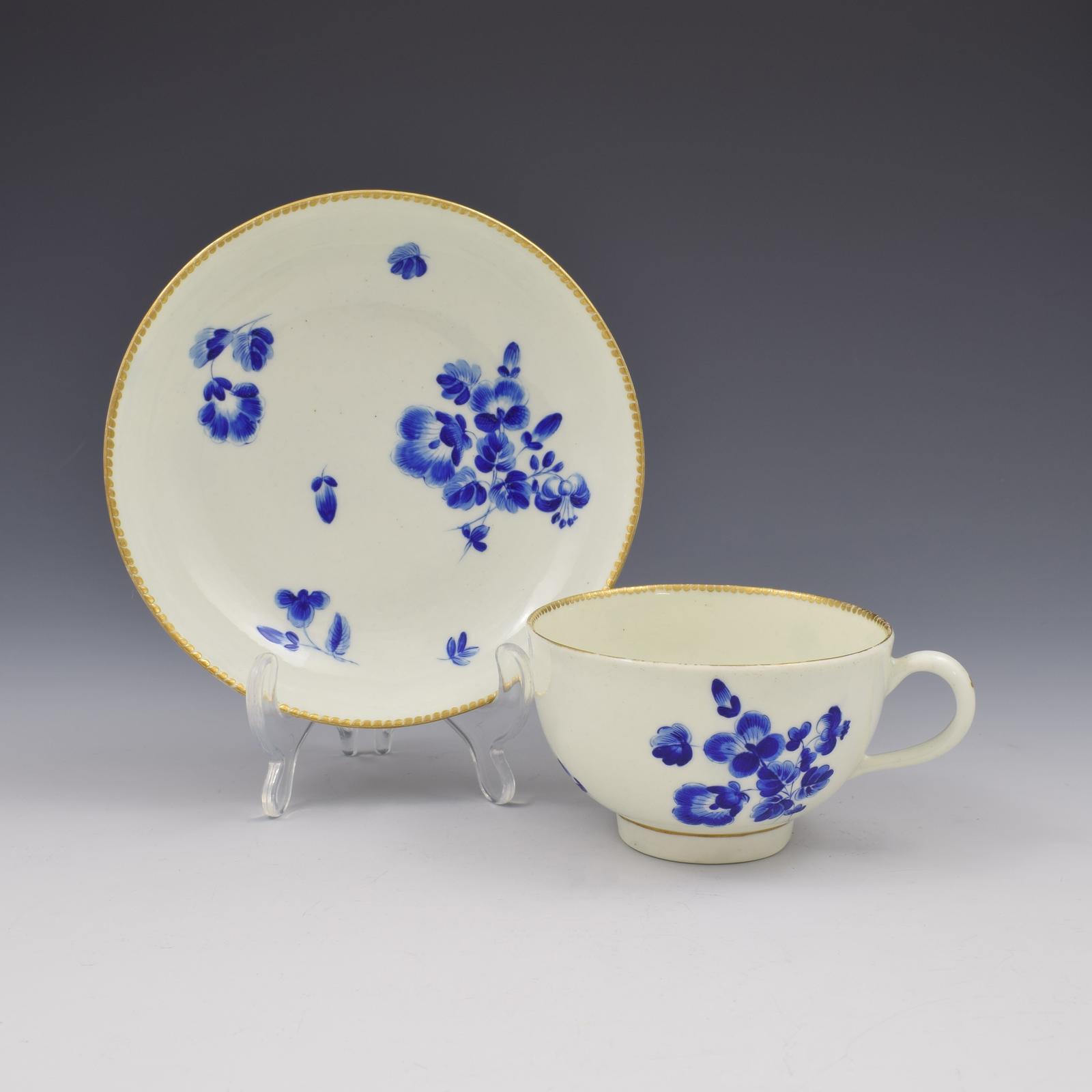 First Period Worcester Porcelain Dry Blue Floral Tea Cup & Saucer c.1775 (1 of 9)