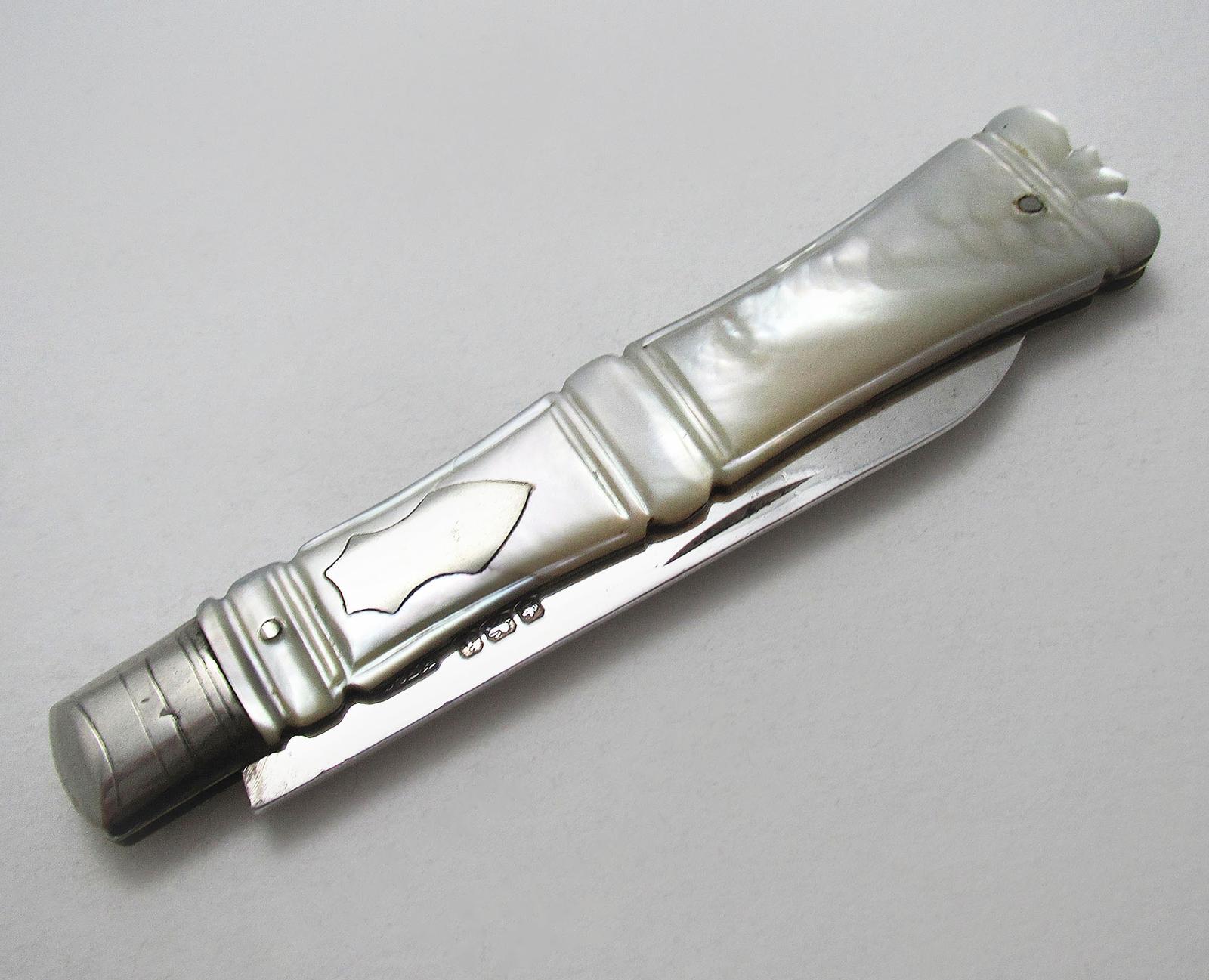 High-quality Large Antique Sheffield Sterling Silver Mother of Pearl Fruit Knife Penknife, Harrison Fisher (1 of 9)