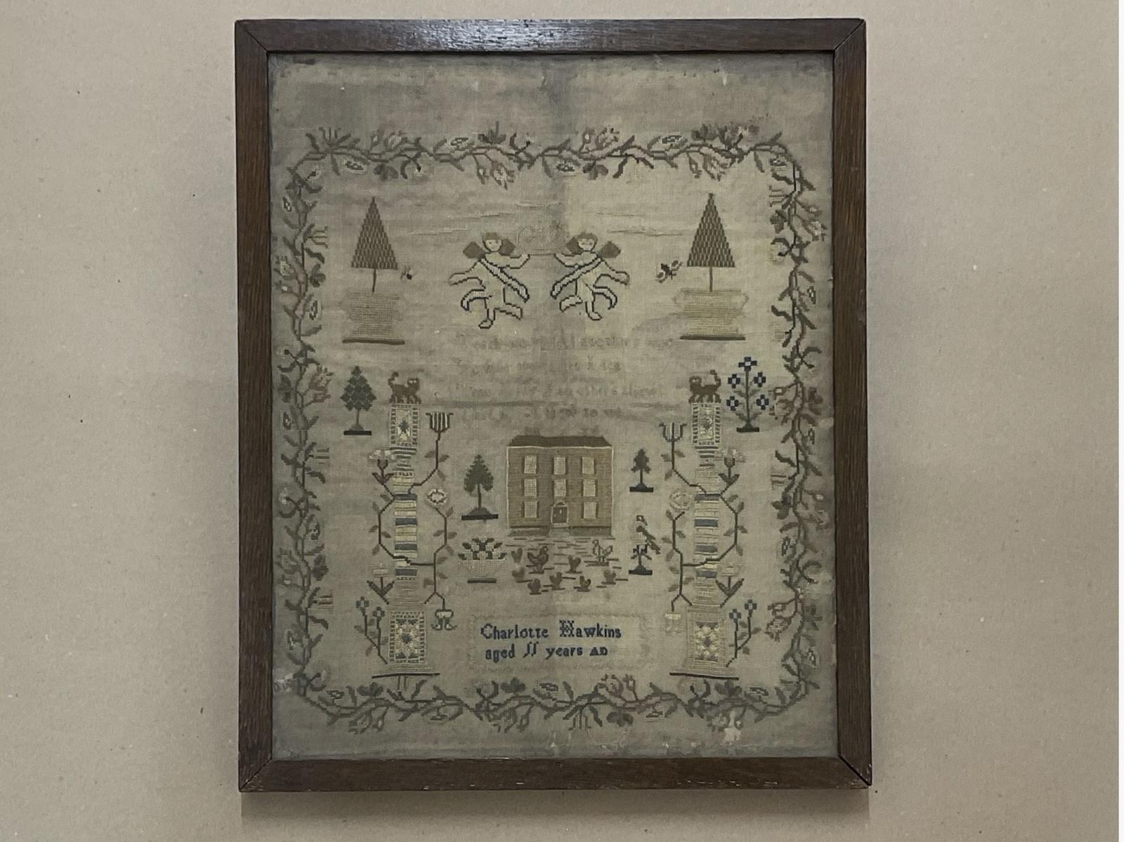 Georgian Needlework Sampler House, Animals, Trees & Cherubs Antique c.1800 (1 of 8) Georgian Needlework Sampler House, Animals, Trees & Cherubs Antique c.1800 (1 of 8)