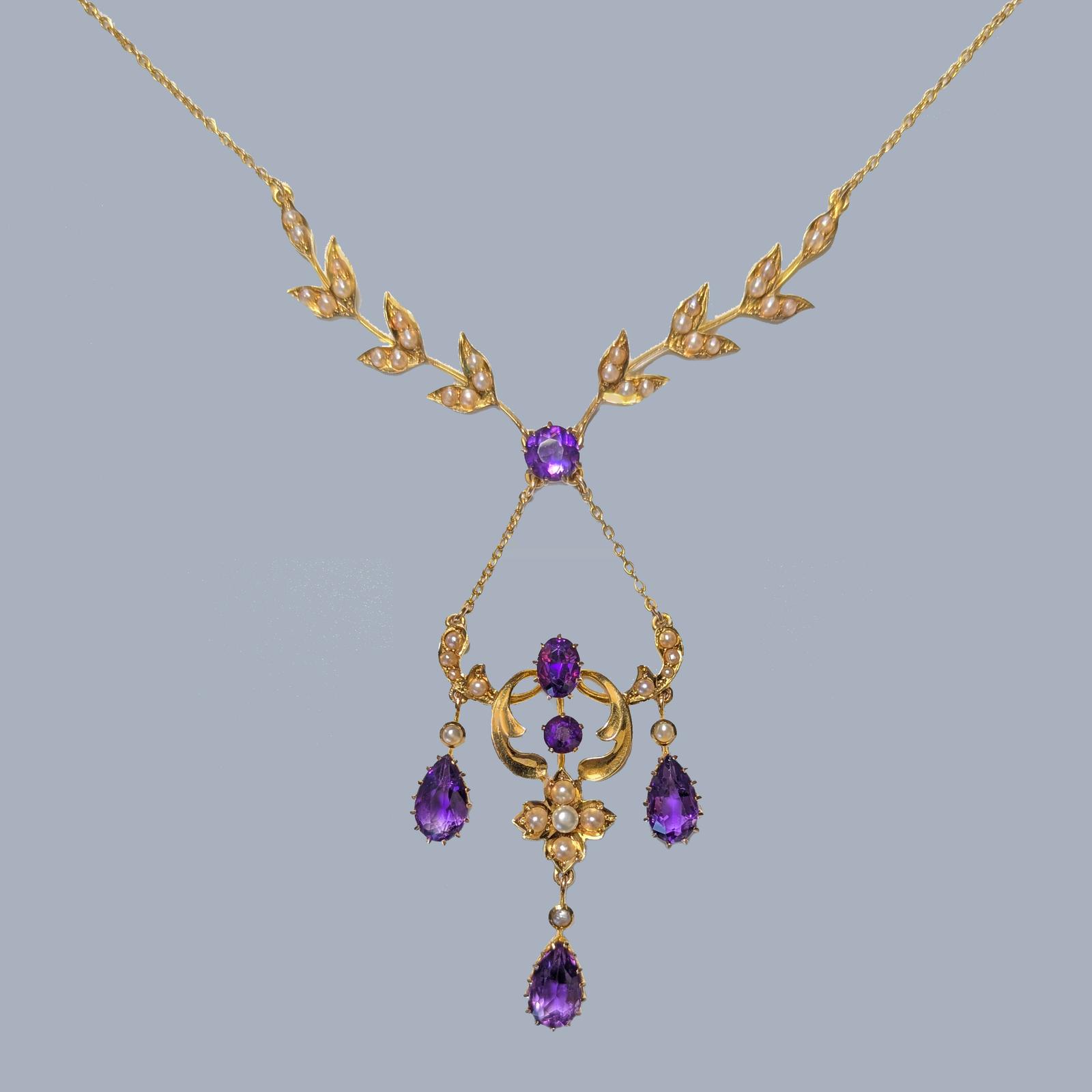 Edwardian 15ct Gold Amethyst and Seed Pearl Necklace, c.1910 (1 of 8)