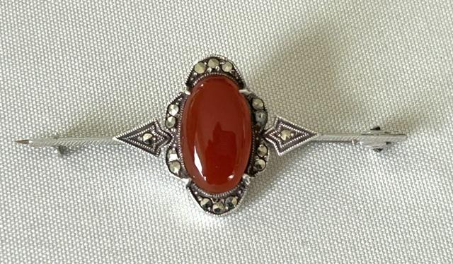 Edwardian Silver, Marcasite & Carnelian Bar Brooch (1 of 6) Edwardian Silver, Marcasite & Carnelian Bar Brooch (1 of 6)