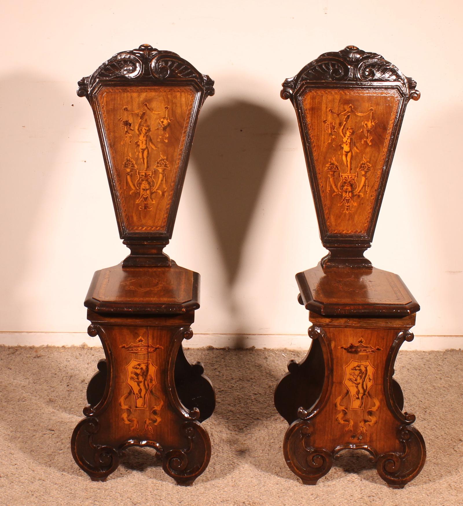 Pair of Italian Chairs Called Escabellis in Walnut & Marquetry - 19th Century (1 of 12) Pair of Italian Chairs Called Escabellis in Walnut & Marquetry - 19th Century (1 of 12)