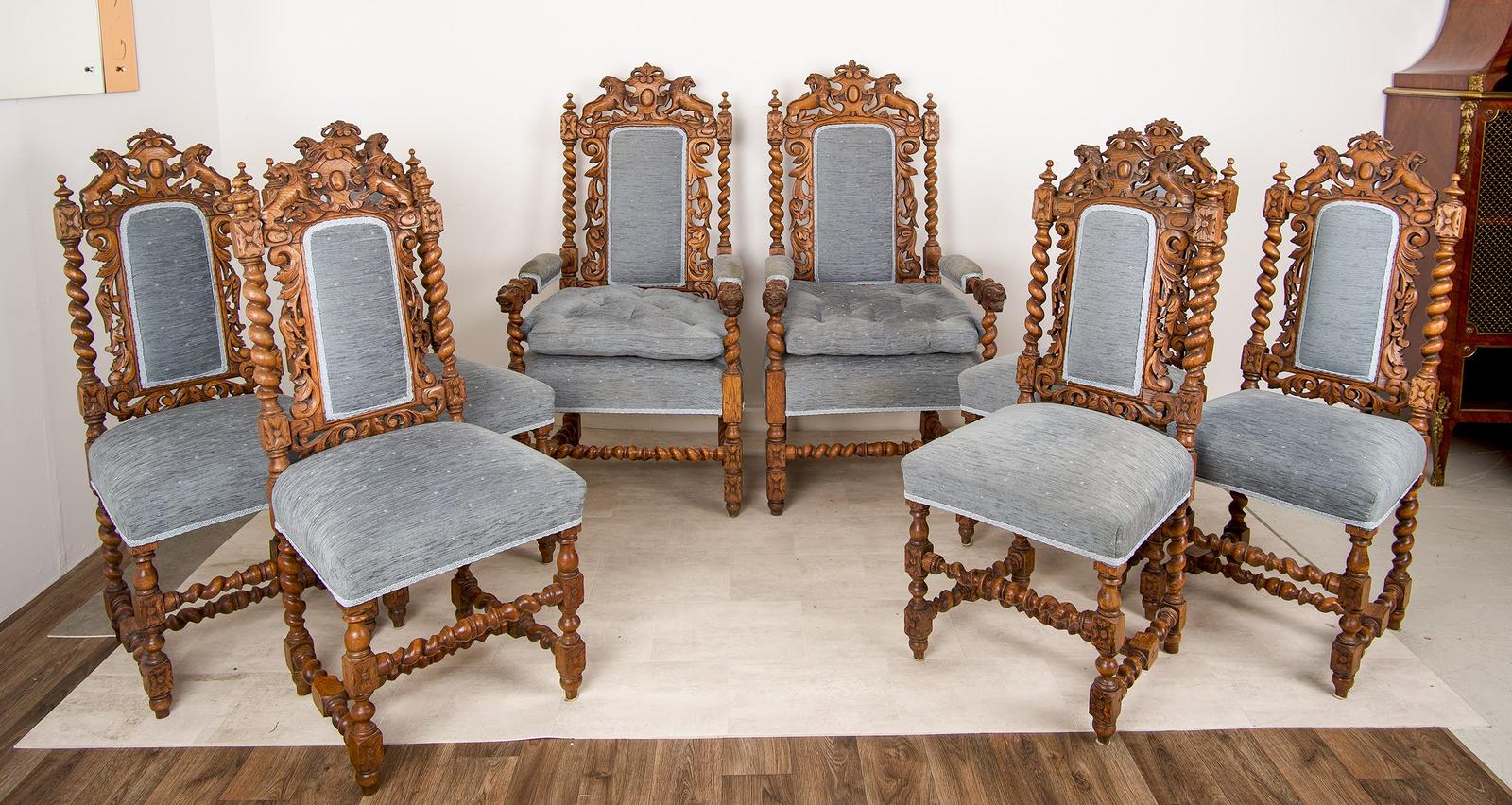 Exceptional Set of 8 Antique Carved Oak Dining Chairs Including 2 Throne Armchairs – 19th Century Lion & Barley Twist Suite (1 of 7)