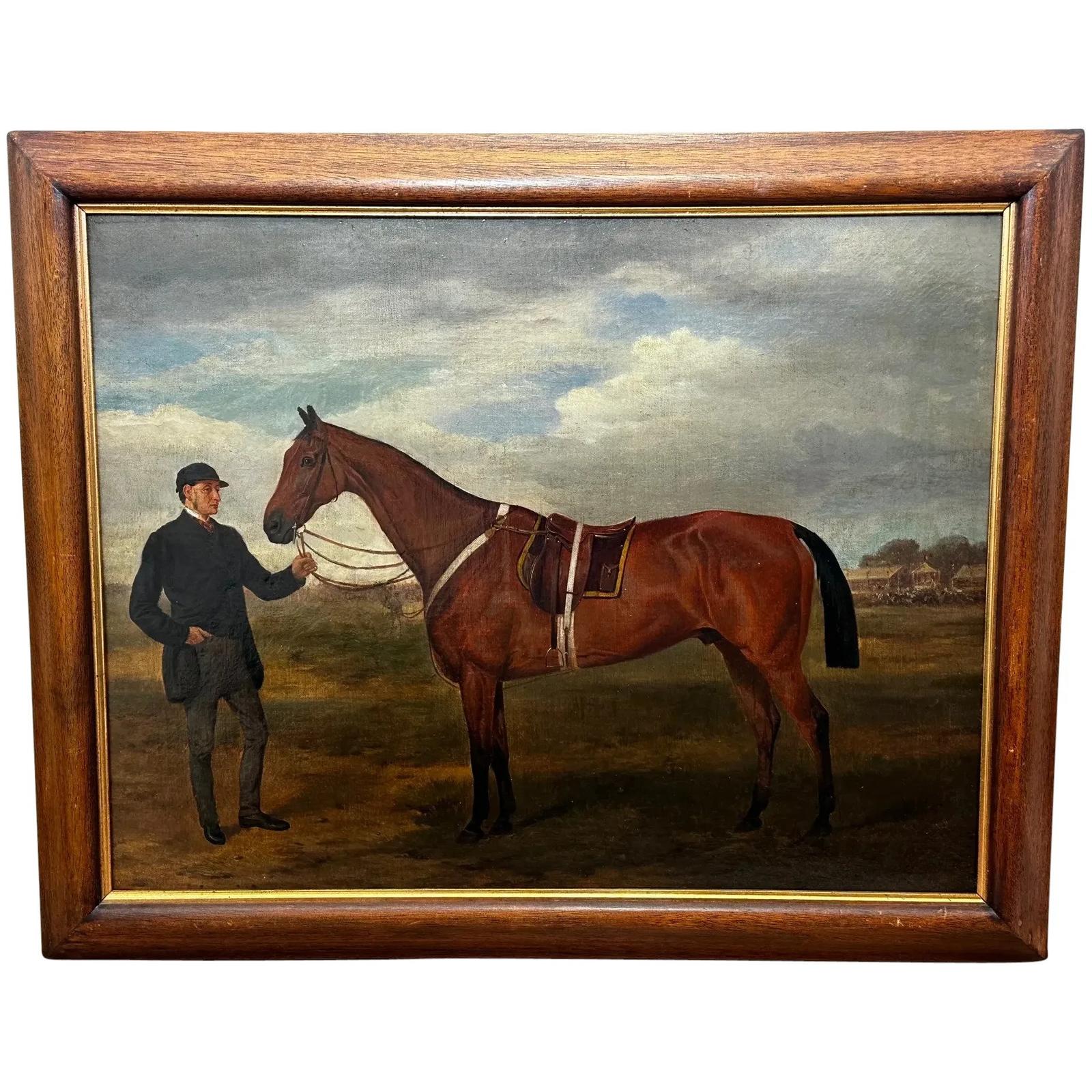 British Oil Painting Victorian Equine Bay Hunter Horse with Groom at French Fair (1 of 53)