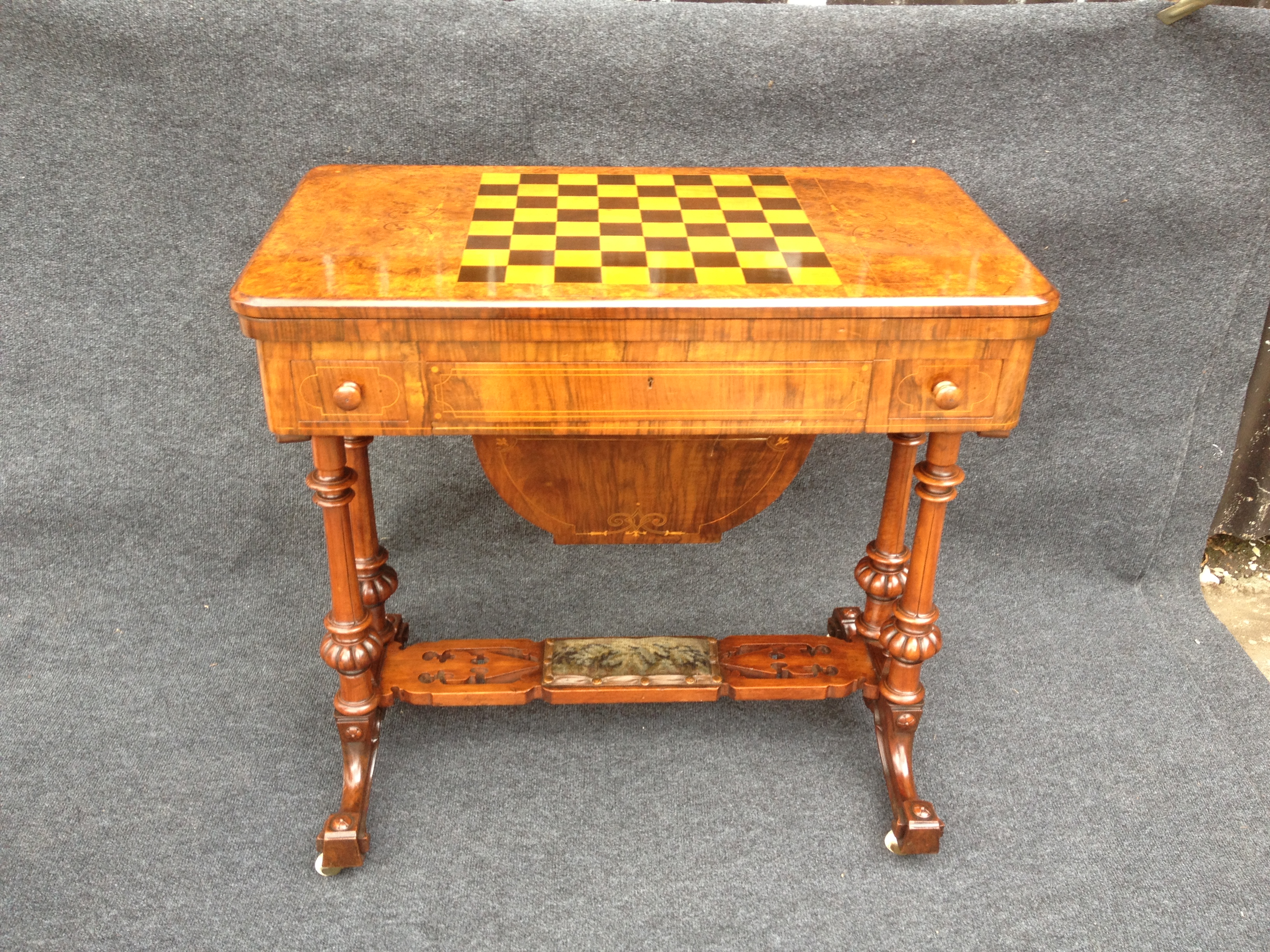 Large Burr Walnut Inlaid Games Table / Sewing Table c.1870 (1 of 1)
