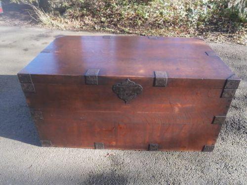 Large Antique Oak Steel Bound Trunk Blanket Chest Coffer (1 of 1)