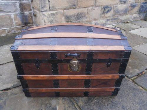 Antique Domed Leather Wooden Bound Trunk / Chest / Steamer Trunk c.1900 (1 of 1)