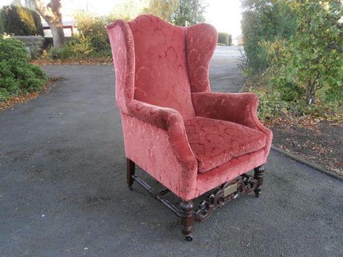 Antique Upholstered Walnut Wing Armchair Library Chair (1 of 1)