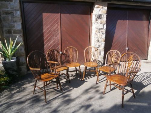 Set 6 Antique Ash Elm Wheel Back Farmhouse Kitchen Chairs (1 of 1)