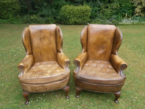 Matching Pair Antique Leather Wing Armchairs (c.1900-10) (1 of 1)