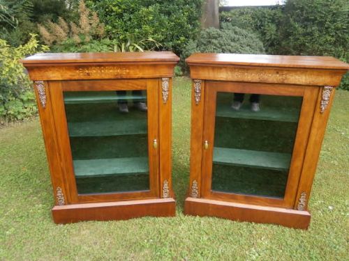 Pair Antique Inlaid Walnut Pier Cabinets Bookcases Display Cabinets (c.1850) (1 of 1)