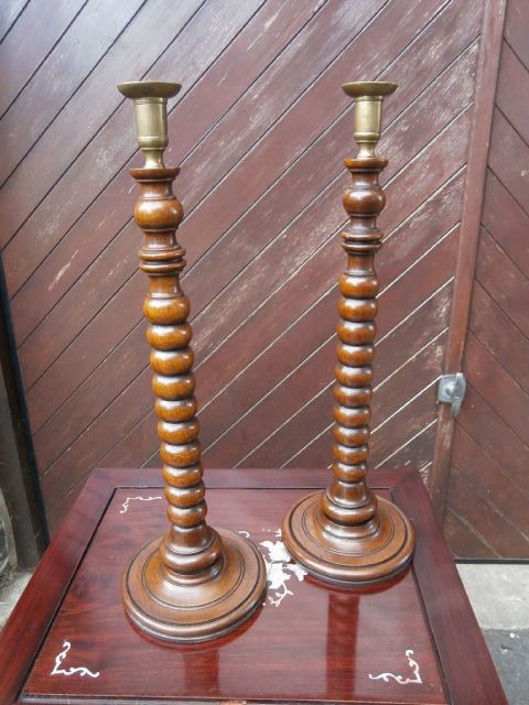 Large Pair Antique Oak Candle Sticks (c.1900) (1 of 1)