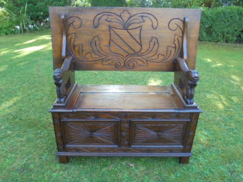 Antique Carved Oak Monks Bench / Hall Seat / Settle c.1900 (1 of 1) Antique Carved Oak Monks Bench / Hall Seat / Settle c.1900 (1 of 1)