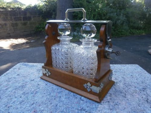 Antique Oak & Silver Plated 2 Bottle Tantalus (1 of 1)