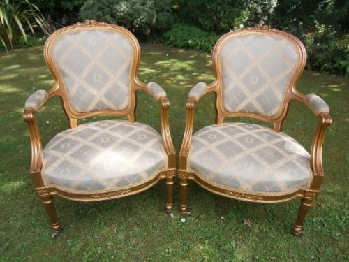 Pair Antique Gilt Wood Fauteuil Armchairs Desk Chair c.1880 (1 of 1)
