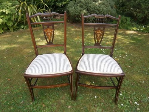 Pair Antique Inlaid Mahogany Bedroom Chairs Hall Chairs c.1900 (1 of 1)